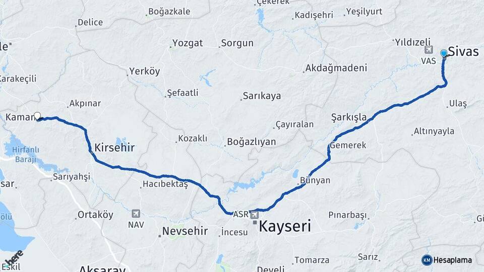 Sivas Kaman Kırşehir Arası Kaç Km - Yol Haritası
