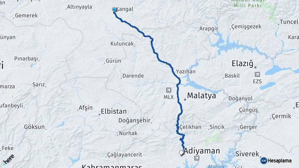 Sivas Kangal Adıyaman Arası Kaç Km - Yol Haritası