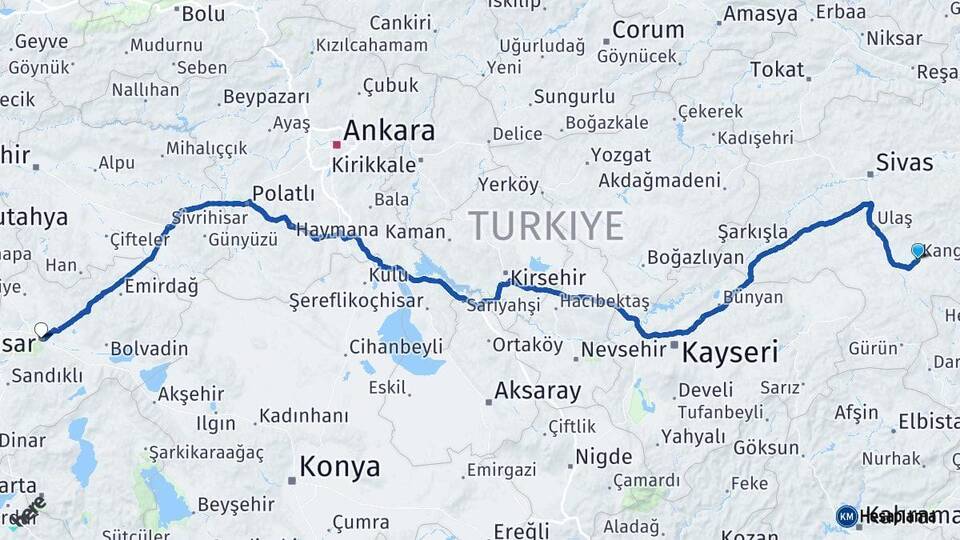 Sivas Kangal Afyonkarahisar Arası Kaç Km - Yol Haritası