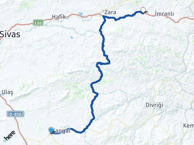Sivas Kangal Beğendik İmranlı Arası Kaç Km - Yol Haritası