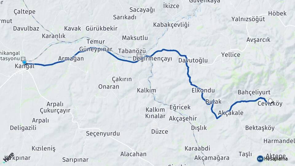 Sivas Kangal Cevizköy Kangal Arası Kaç Km - Yol Haritası