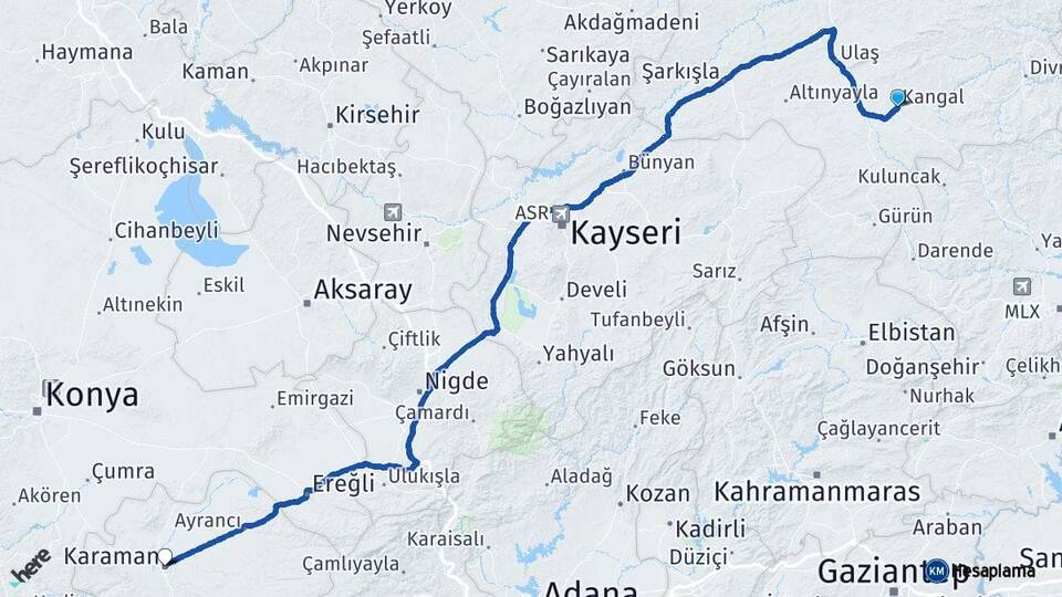 Sivas Kangal Karaman Arası Kaç Km - Yol Haritası