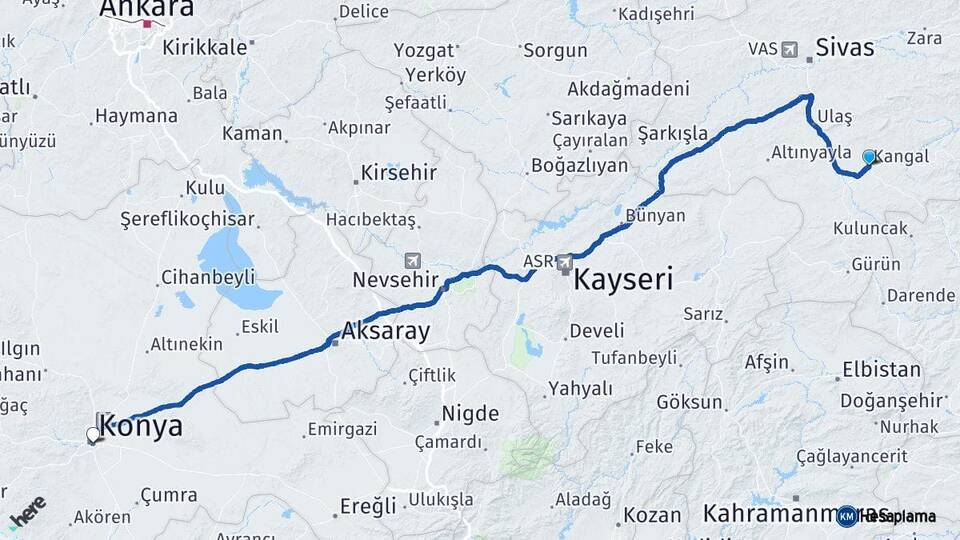 Sivas Kangal Konya Arası Kaç Km - Yol Haritası