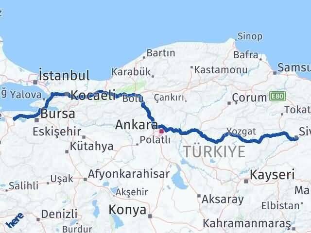 Sivas Karacabey Bursa Arası Kaç Km - Yol Haritası