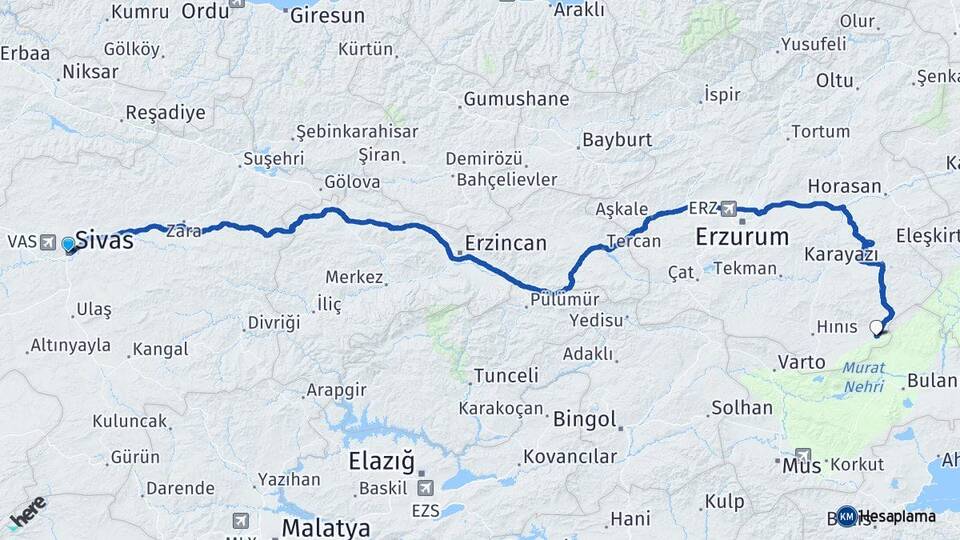 Sivas Karaçoban Erzurum Arası Kaç Km - Yol Haritası