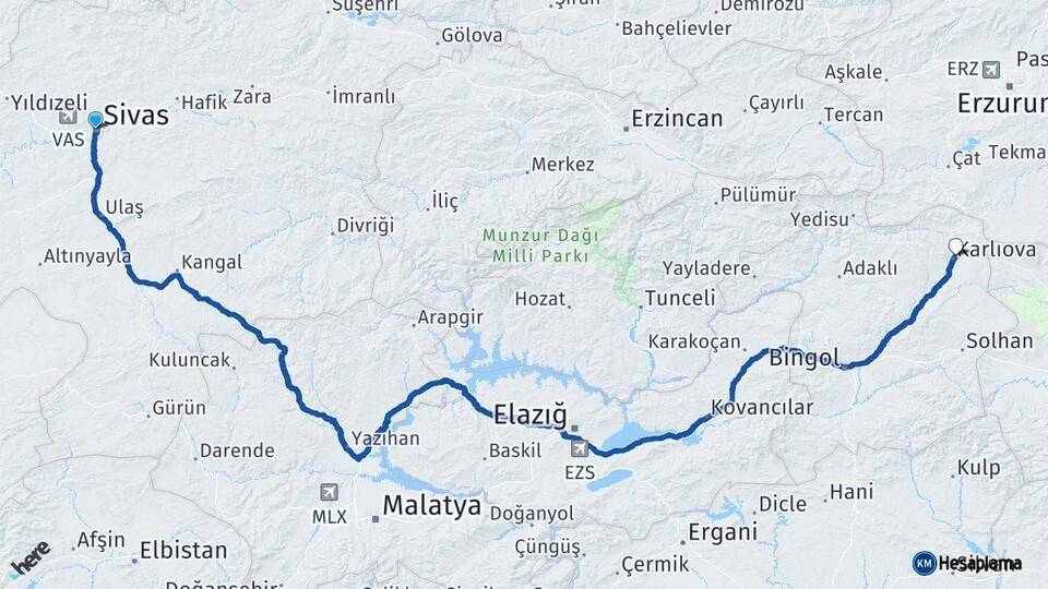Sivas Karlıova Bingöl Arası Kaç Km - Yol Haritası