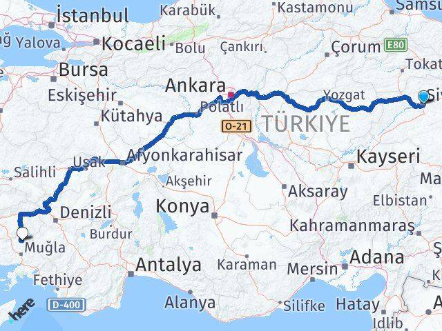 Sivas Kavaklıdere Muğla Arası Kaç Km - Yol Haritası
