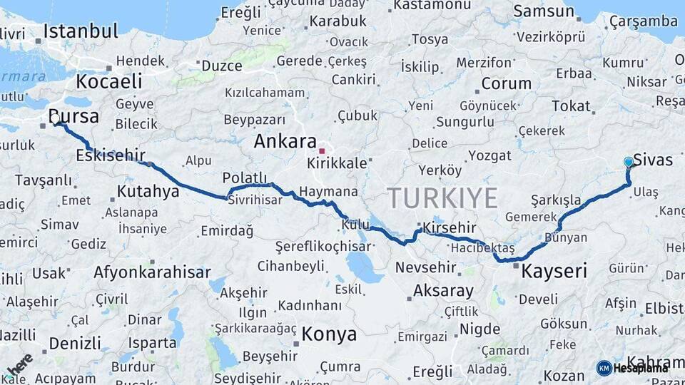 Sivas Kestel Bursa Arası Kaç Km - Yol Haritası