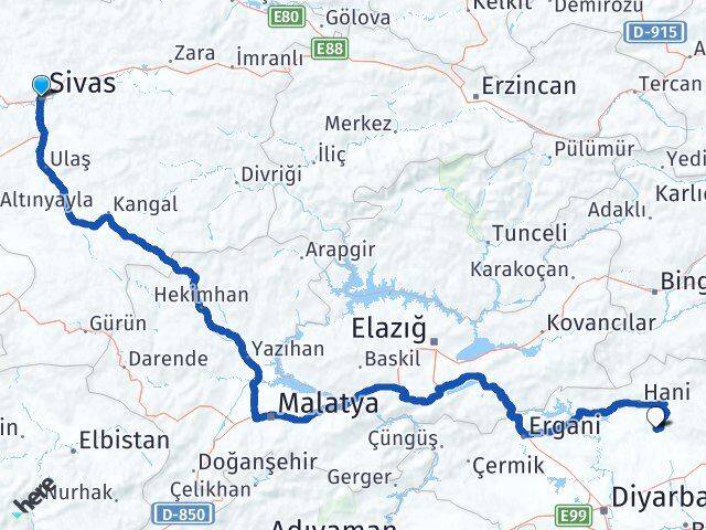 Sivas Kocaköy Diyarbakır Arası Kaç Km - Yol Haritası