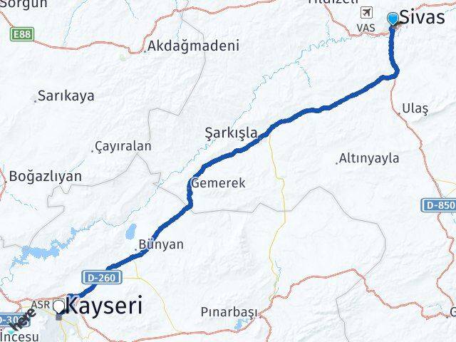 Sivas Kocasinan Kayseri Arası Kaç Km - Yol Haritası