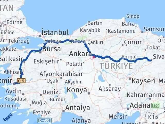 Sivas Konak İzmir Arası Kaç Km - Yol Haritası