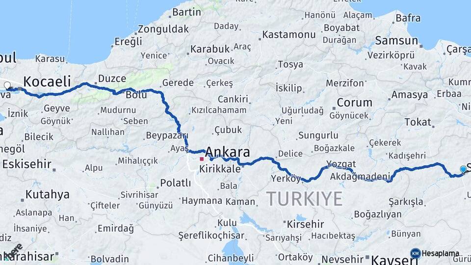 Sivas Körfez Kocaeli Arası Kaç Km - Yol Haritası
