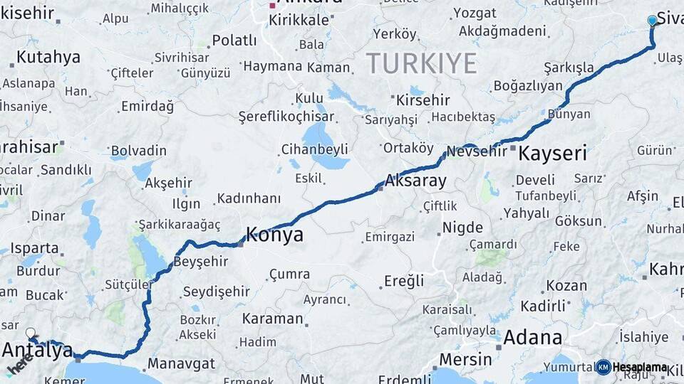 Sivas Korkuteli Antalya Arası Kaç Km - Yol Haritası