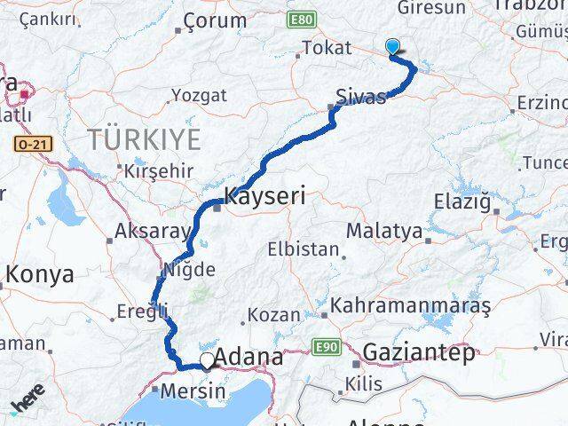 Sivas Koyulhisar Adana Arası Kaç Km - Yol Haritası
