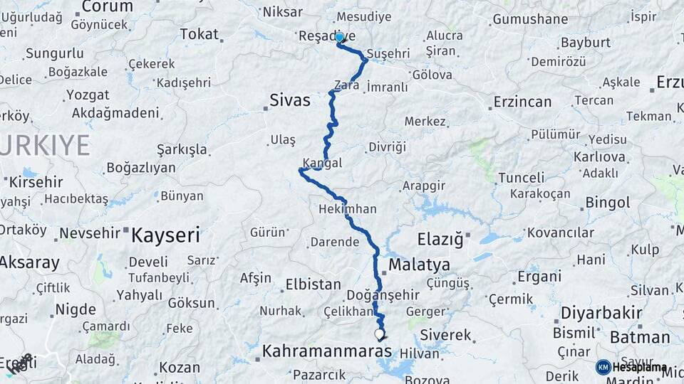 Sivas Koyulhisar Adıyaman Arası Kaç Km - Yol Haritası