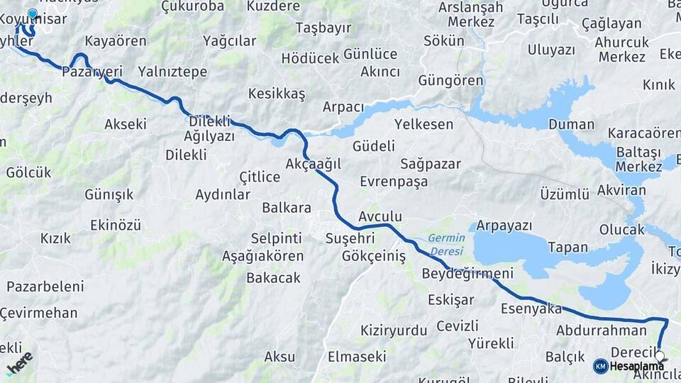 Sivas Koyulhisar Akıncılar Arası Kaç Km - Yol Haritası
