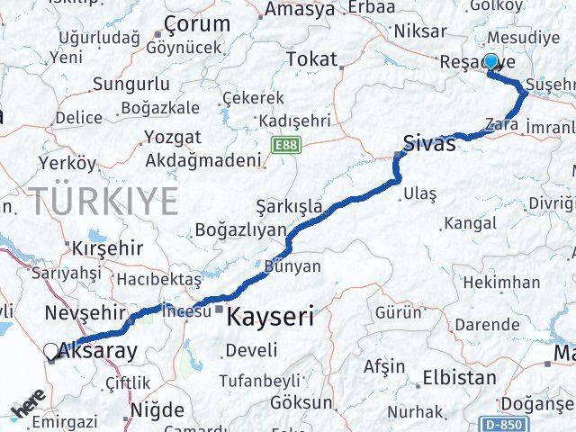 Sivas Koyulhisar Aksaray Arası Kaç Km - Yol Haritası