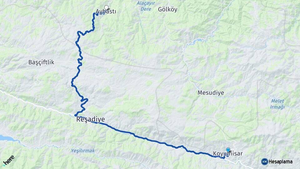 Sivas Koyulhisar Aybastı Ordu Arası Kaç Km - Yol Haritası