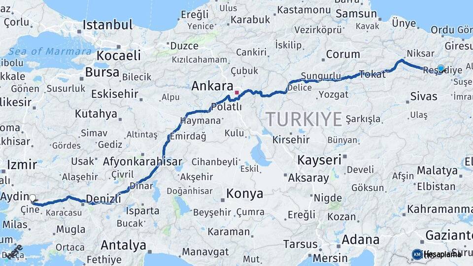 Sivas Koyulhisar Aydın Arası Kaç Km - Yol Haritası
