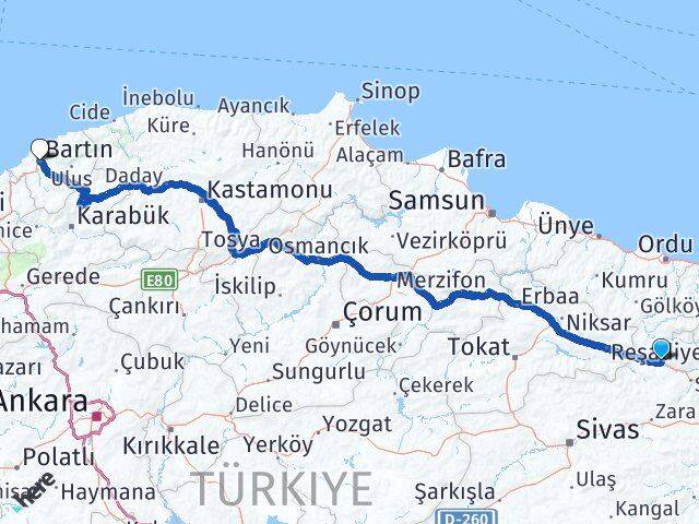Sivas Koyulhisar Bartın Arası Kaç Km - Yol Haritası