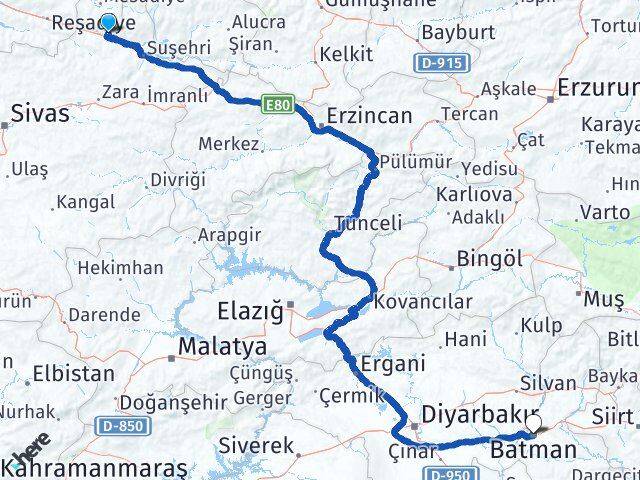 Sivas Koyulhisar Batman Arası Kaç Km - Yol Haritası