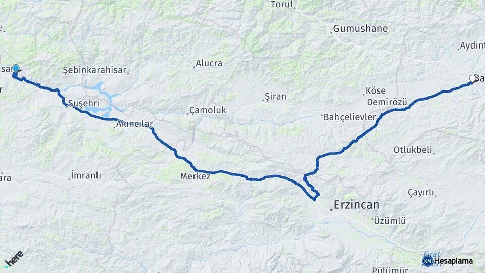 Sivas Koyulhisar Bayburt Arası Kaç Km - Yol Haritası