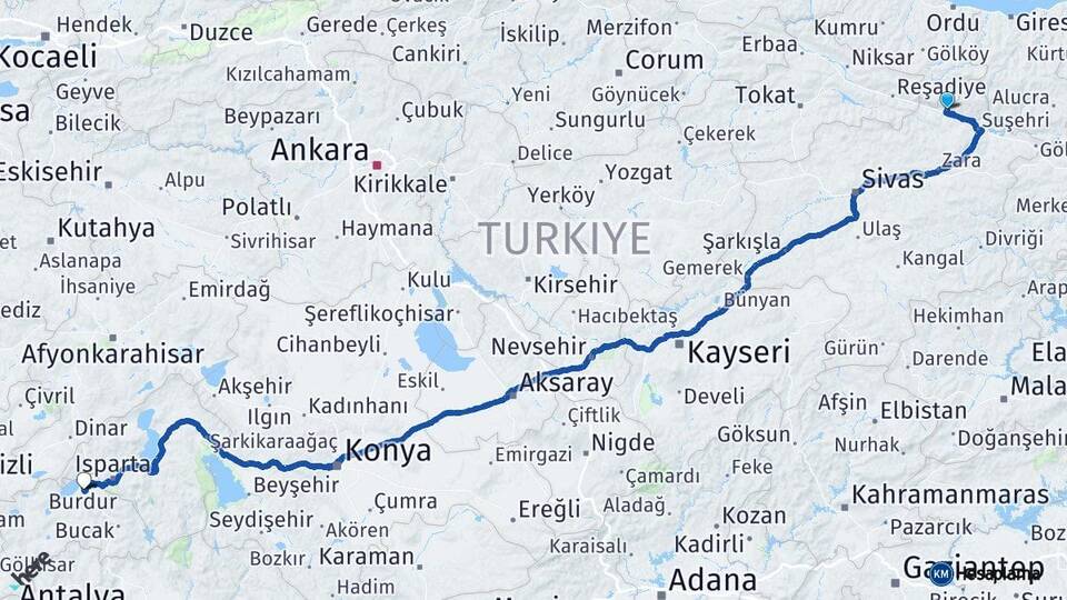 Sivas Koyulhisar Burdur Arası Kaç Km - Yol Haritası