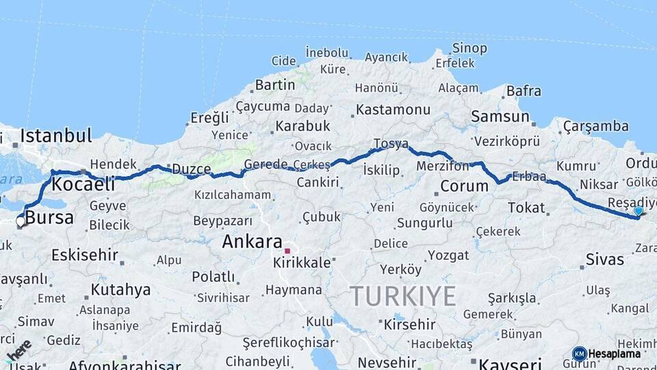 Sivas Koyulhisar Bursa Arası Kaç Km - Yol Haritası