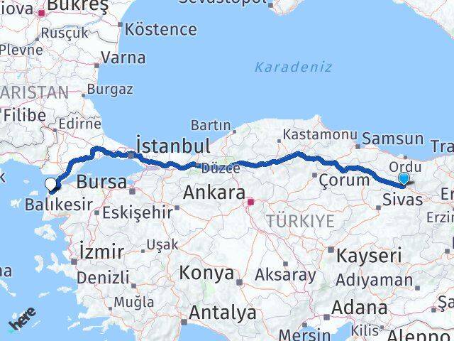 Sivas Koyulhisar Çanakkale Arası Kaç Km - Yol Haritası