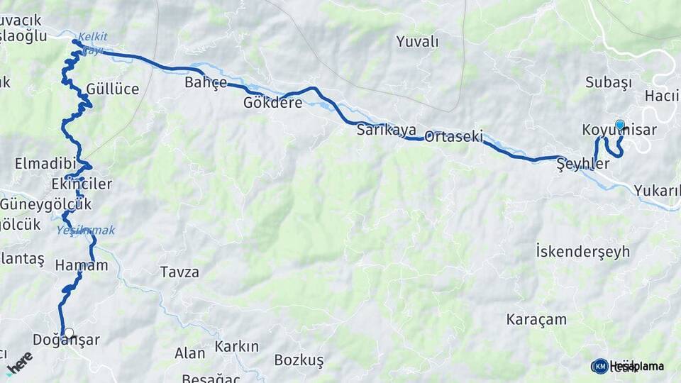 Sivas Koyulhisar Doğanşar Arası Kaç Km - Yol Haritası