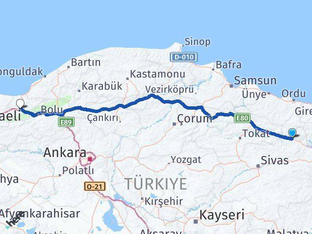 Sivas Koyulhisar Düzce Arası Kaç Km - Yol Haritası