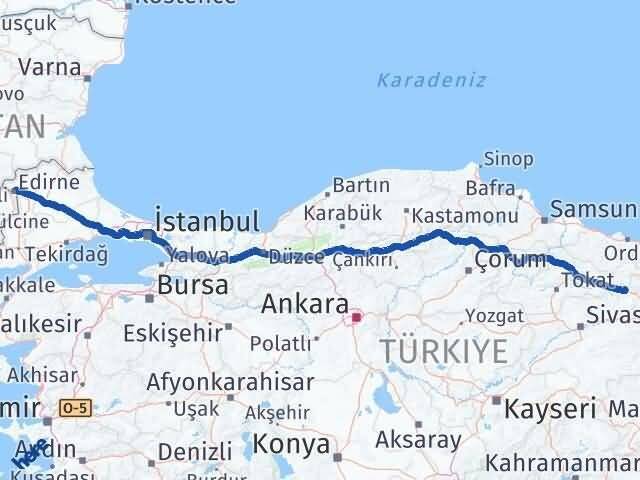 Sivas Koyulhisar Edirne Arası Kaç Km - Yol Haritası