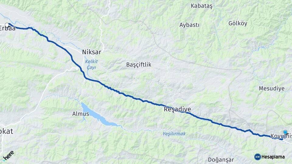 Sivas Koyulhisar Erbaa Tokat Arası Kaç Km - Yol Haritası