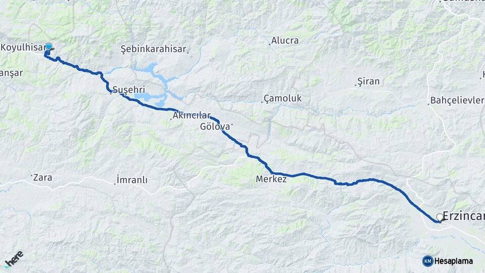 Sivas Koyulhisar Erzincan Arası Kaç Km - Yol Haritası