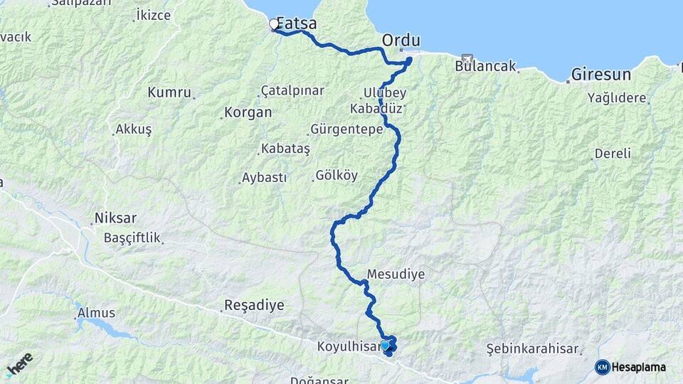 Sivas Koyulhisar Fatsa Ordu Arası Kaç Km - Yol Haritası