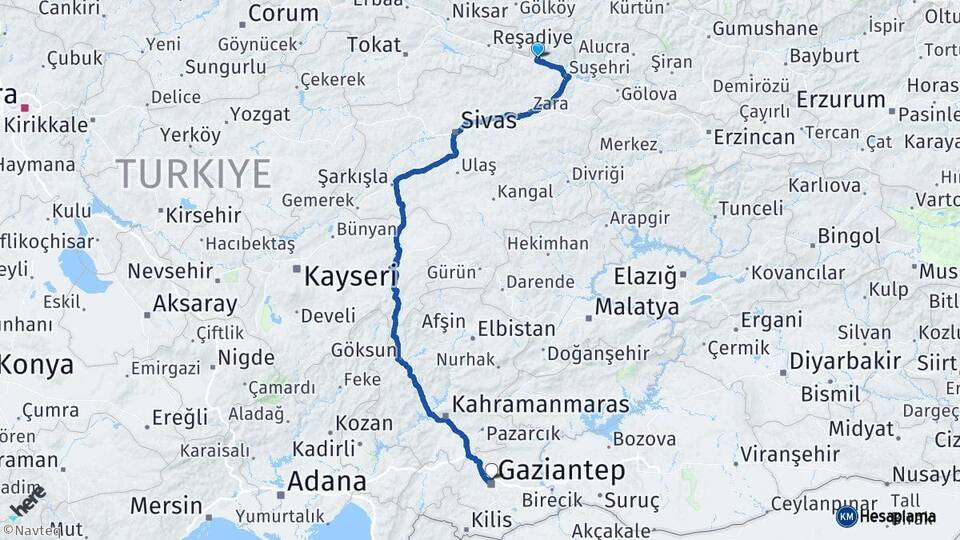 Sivas Koyulhisar Gaziantep Arası Kaç Km - Yol Haritası