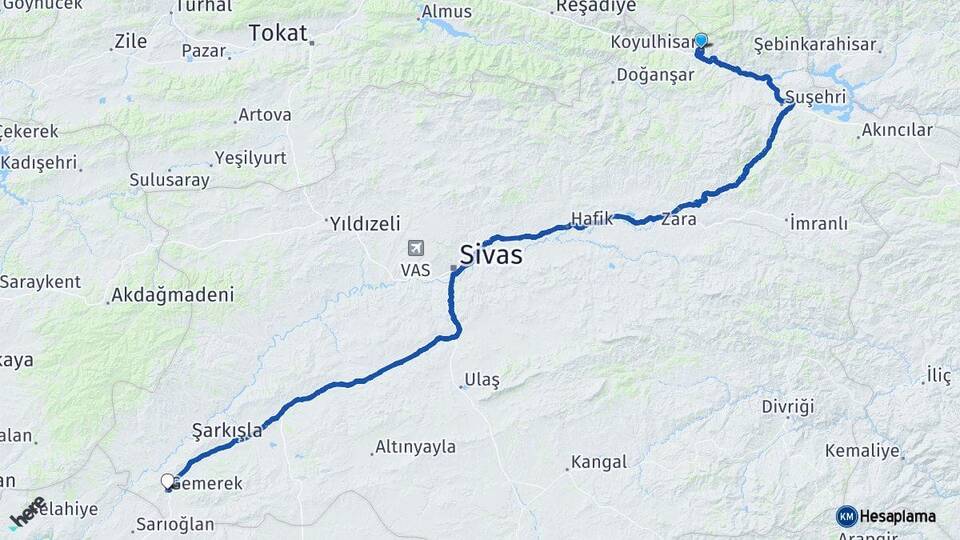 Sivas Koyulhisar Gemerek Arası Kaç Km - Yol Haritası