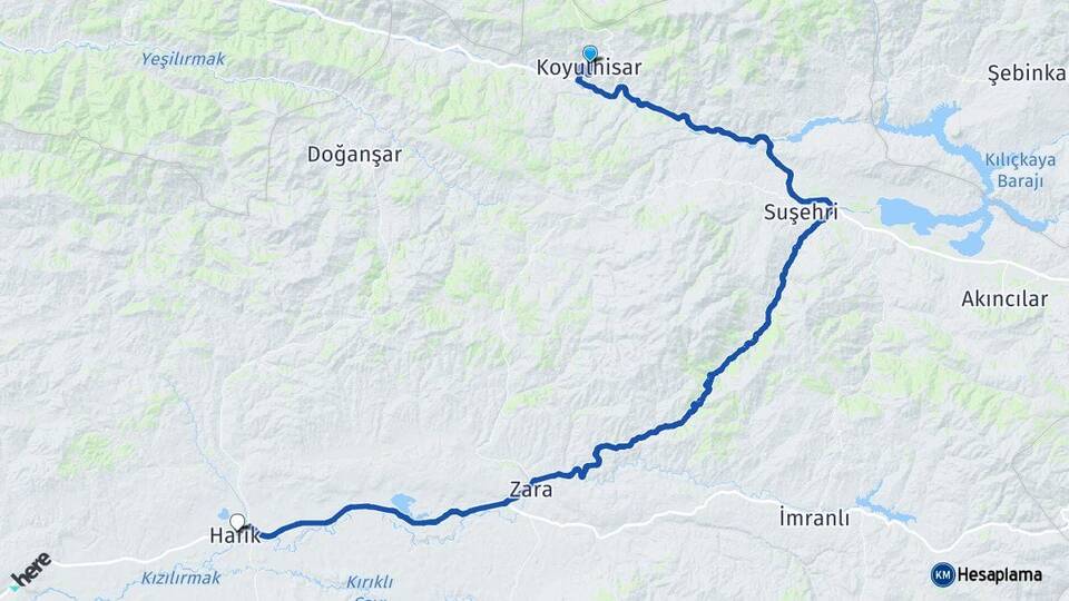 Sivas Koyulhisar Hafik Arası Kaç Km - Yol Haritası
