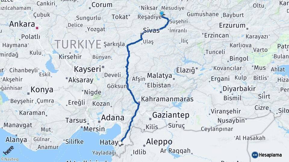 Sivas Koyulhisar Hatay Arası Kaç Km - Yol Haritası