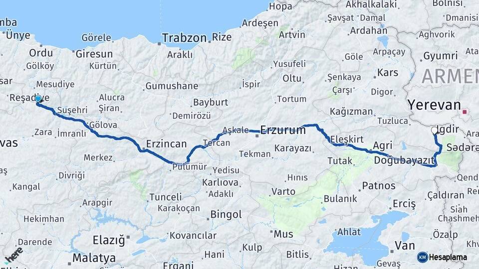 Sivas Koyulhisar Iğdır Arası Kaç Km - Yol Haritası