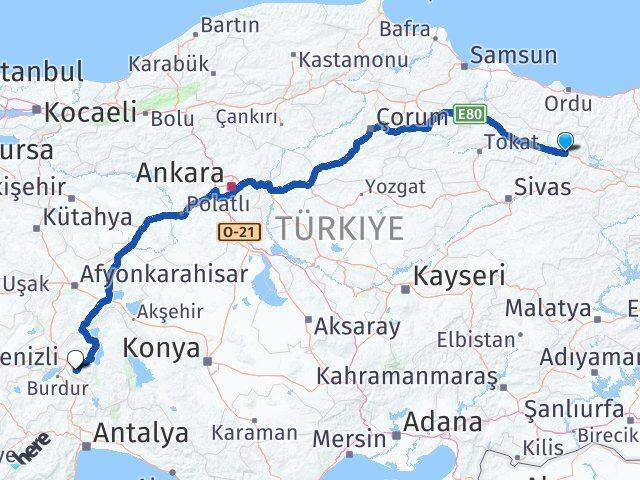Sivas Koyulhisar Isparta Arası Kaç Km - Yol Haritası