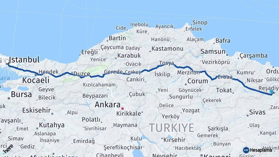 Sivas Koyulhisar İstanbul Arası Kaç Km - Yol Haritası