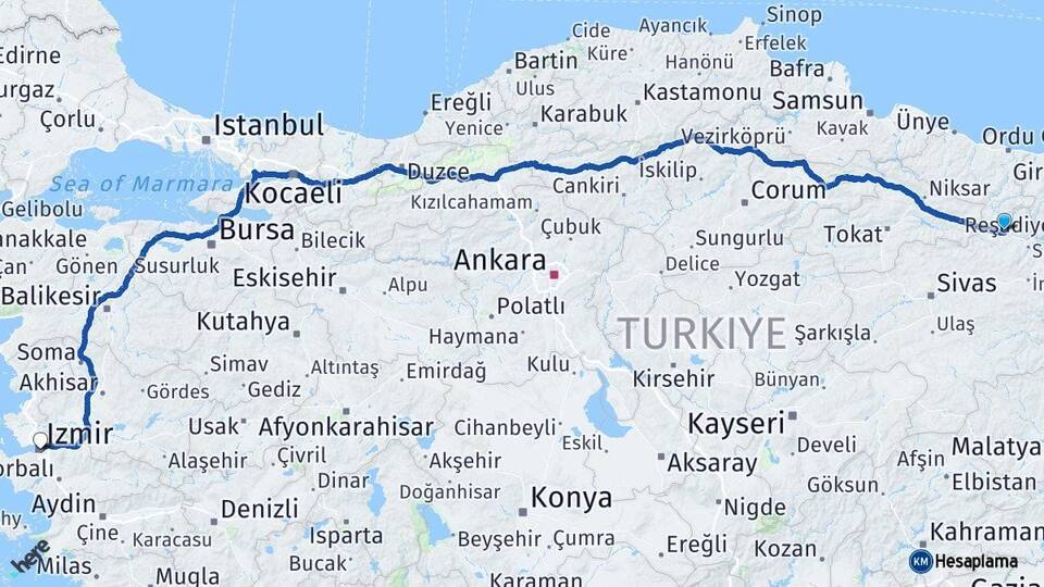 Sivas Koyulhisar İzmir Arası Kaç Km - Yol Haritası