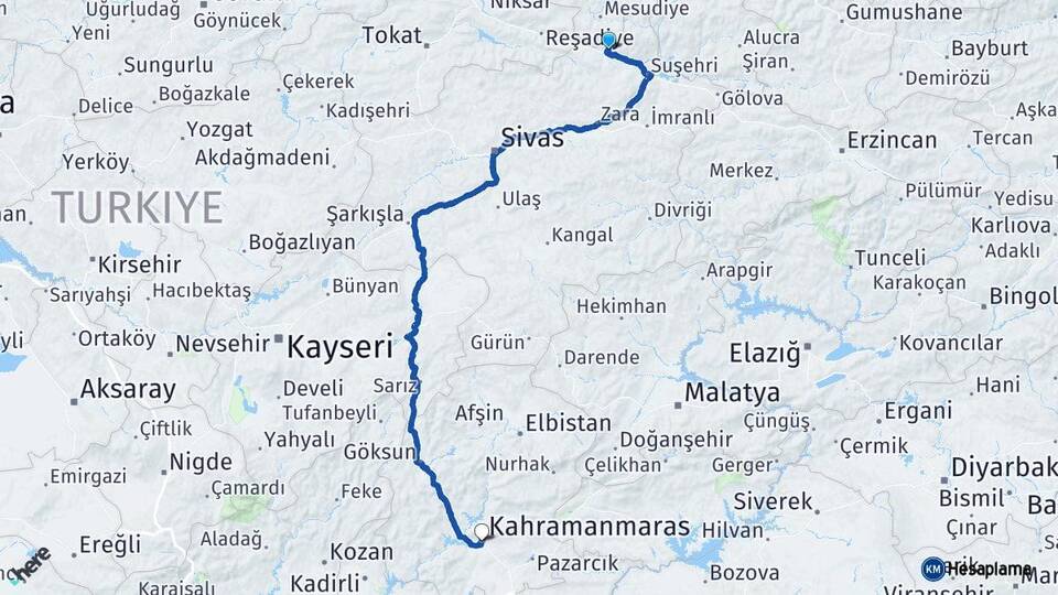 Sivas Koyulhisar Kahramanmaraş Arası Kaç Km - Yol Haritası