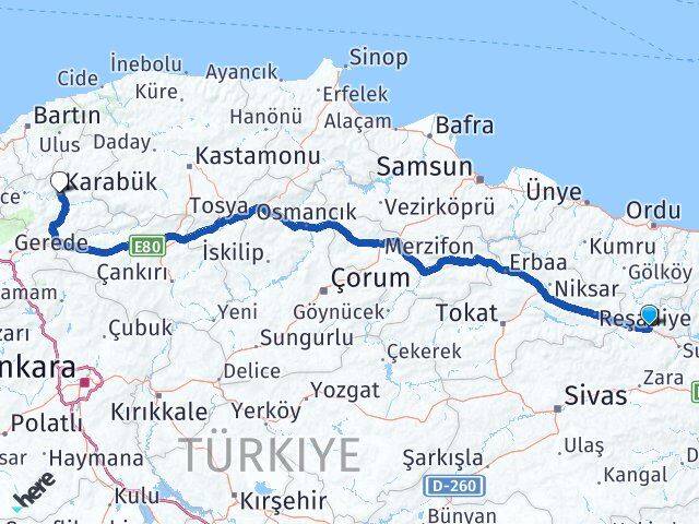 Sivas Koyulhisar Karabük Arası Kaç Km - Yol Haritası