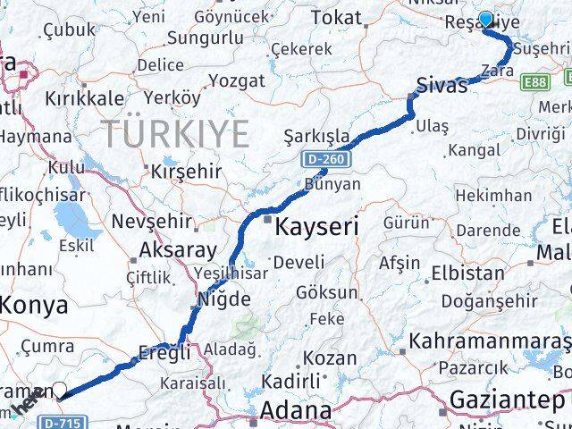 Sivas Koyulhisar Karaman Arası Kaç Km - Yol Haritası