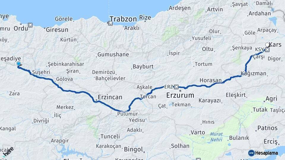 Sivas Koyulhisar Kars Arası Kaç Km - Yol Haritası