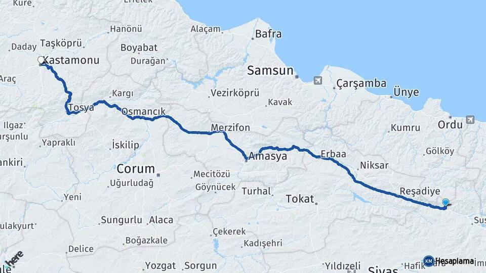 Sivas Koyulhisar Kastamonu Arası Kaç Km - Yol Haritası