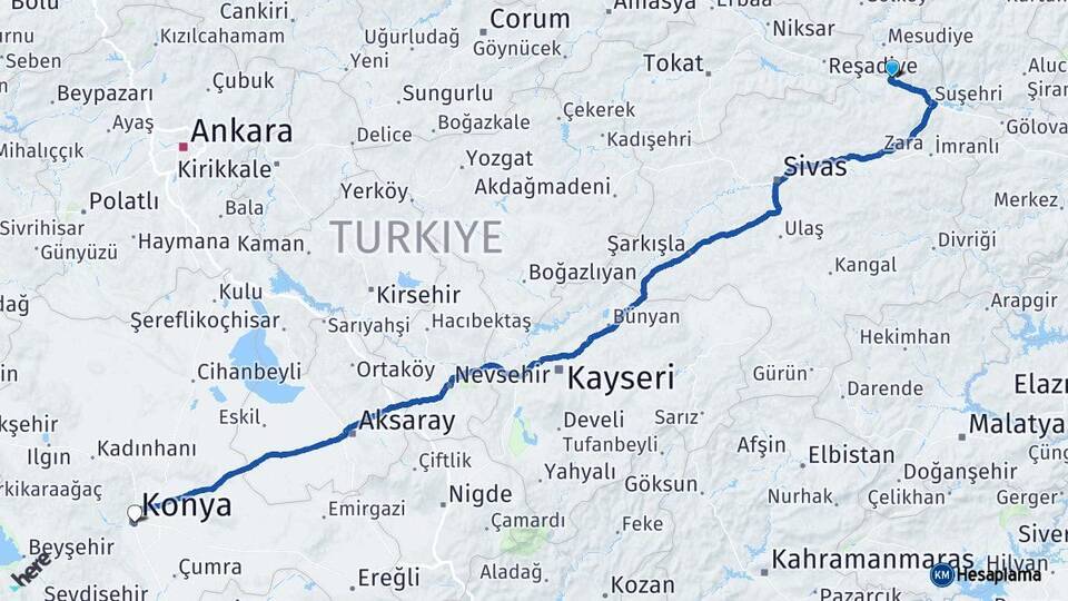 Sivas Koyulhisar Konya Arası Kaç Km - Yol Haritası