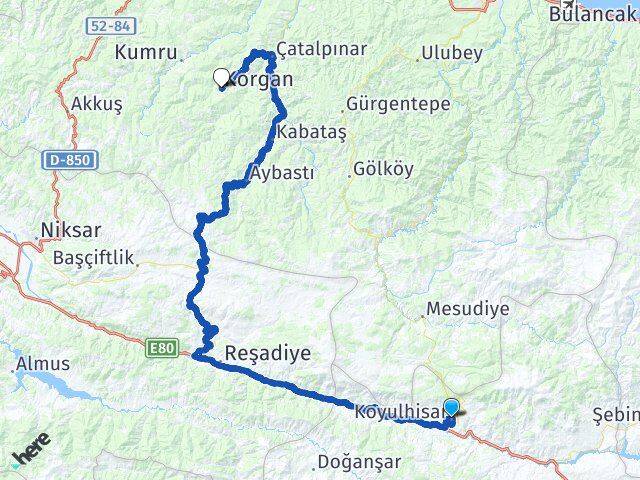 Sivas Koyulhisar Korgan Ordu Arası Kaç Km - Yol Haritası